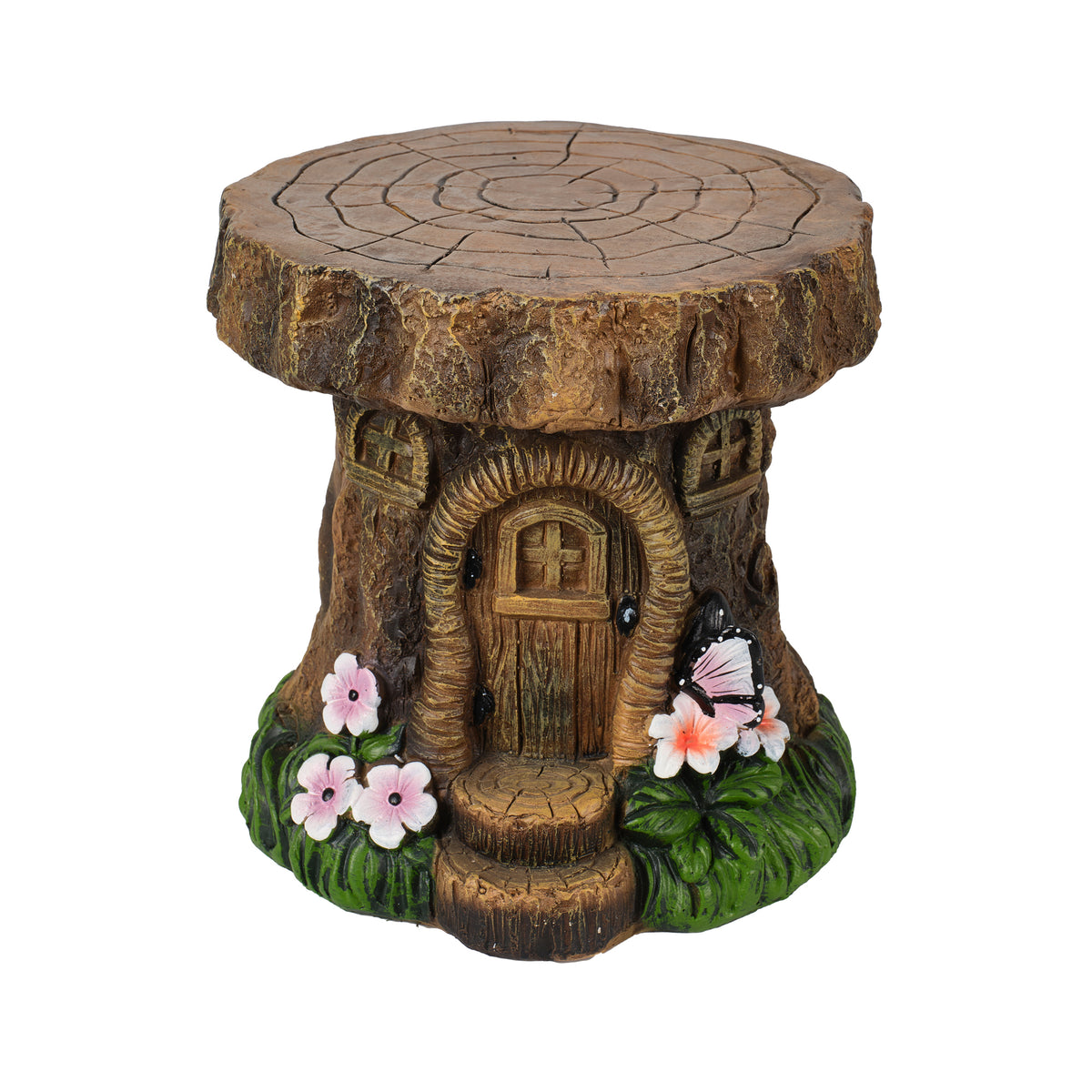 Tree Stump Fairy House Sculptures Garden Statue Stool with Whimsical Design