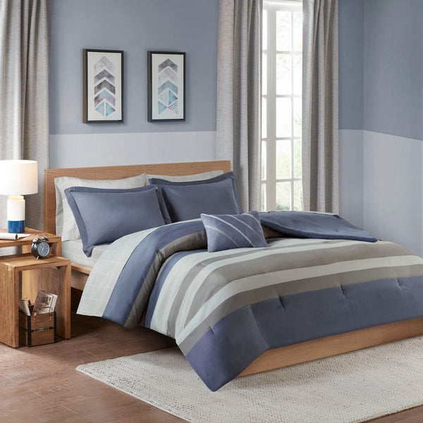 Queen Striped Comforter Set with Bed Sheets