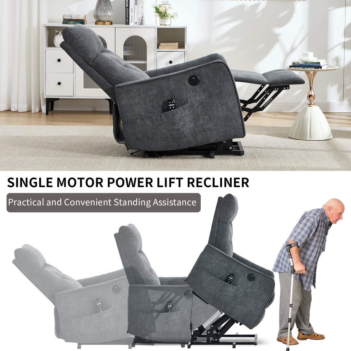 Grey Chenille Single Motor Power Lift Recliner Chair
