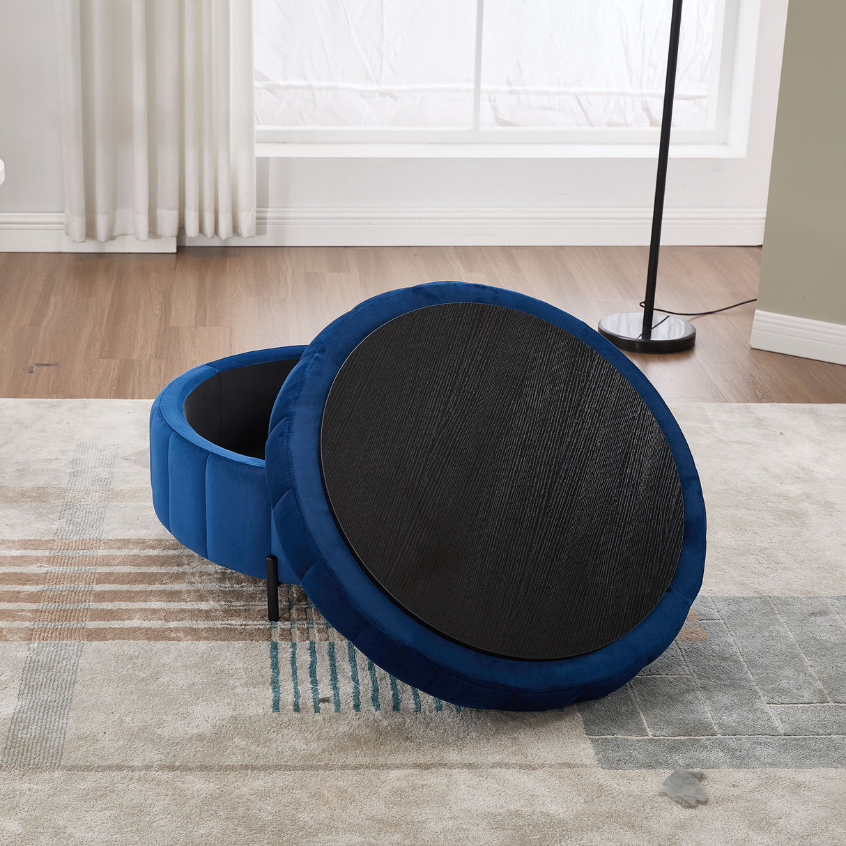 Upholstered Round Ottoman With Reversible Lid, Channel Tufted Pumpkin Shape