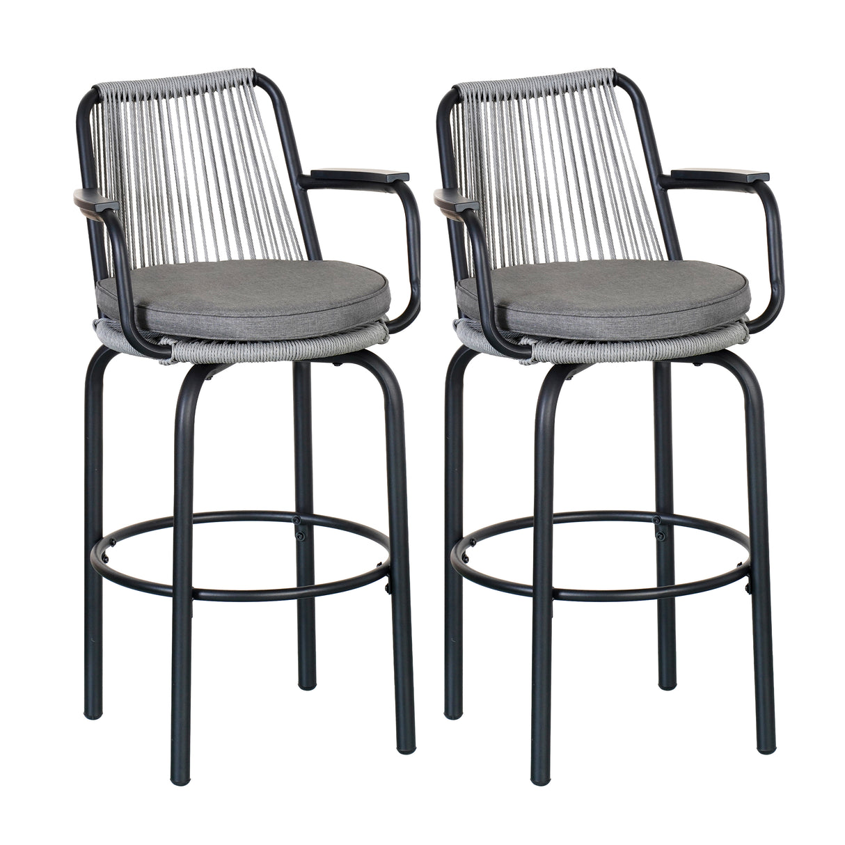 Outdoor Patio Bar Stools 29"H Set of 2, Modern Woven Rattan Rope Bar Height Chair