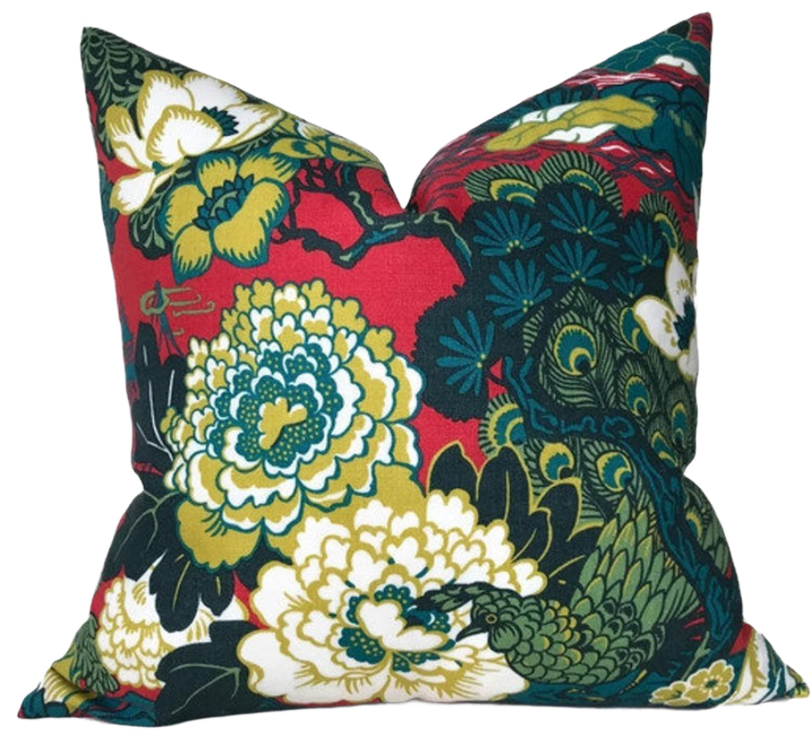 Shanghai Peacock Pillow Cover in Cerise, Schumacher Textiles