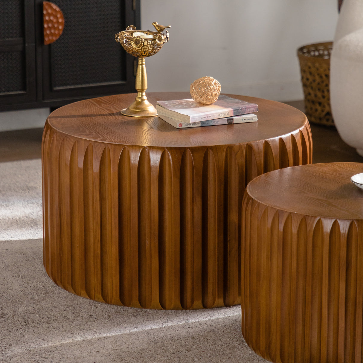 Set of 2 Fluted Round Coffee Tables - Mid-Century Modern Wood