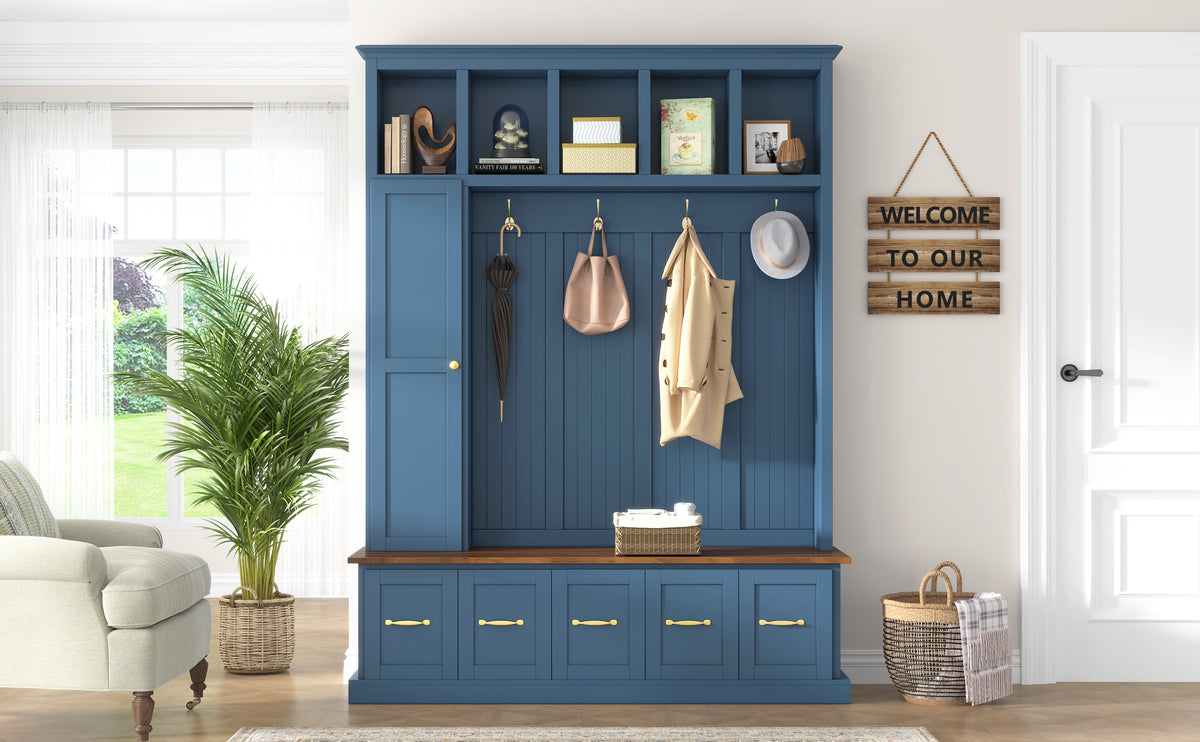 U-Can Entryway Hall Tree with Coat Hooks, Shoe Bench & Drawer Storage Cabinet