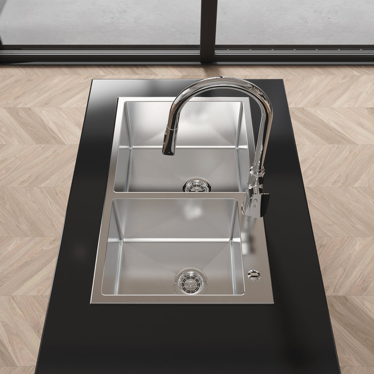 Stainless Steel Kitchen Sink, 32"x19" Double Bowl in Brushed Nickel