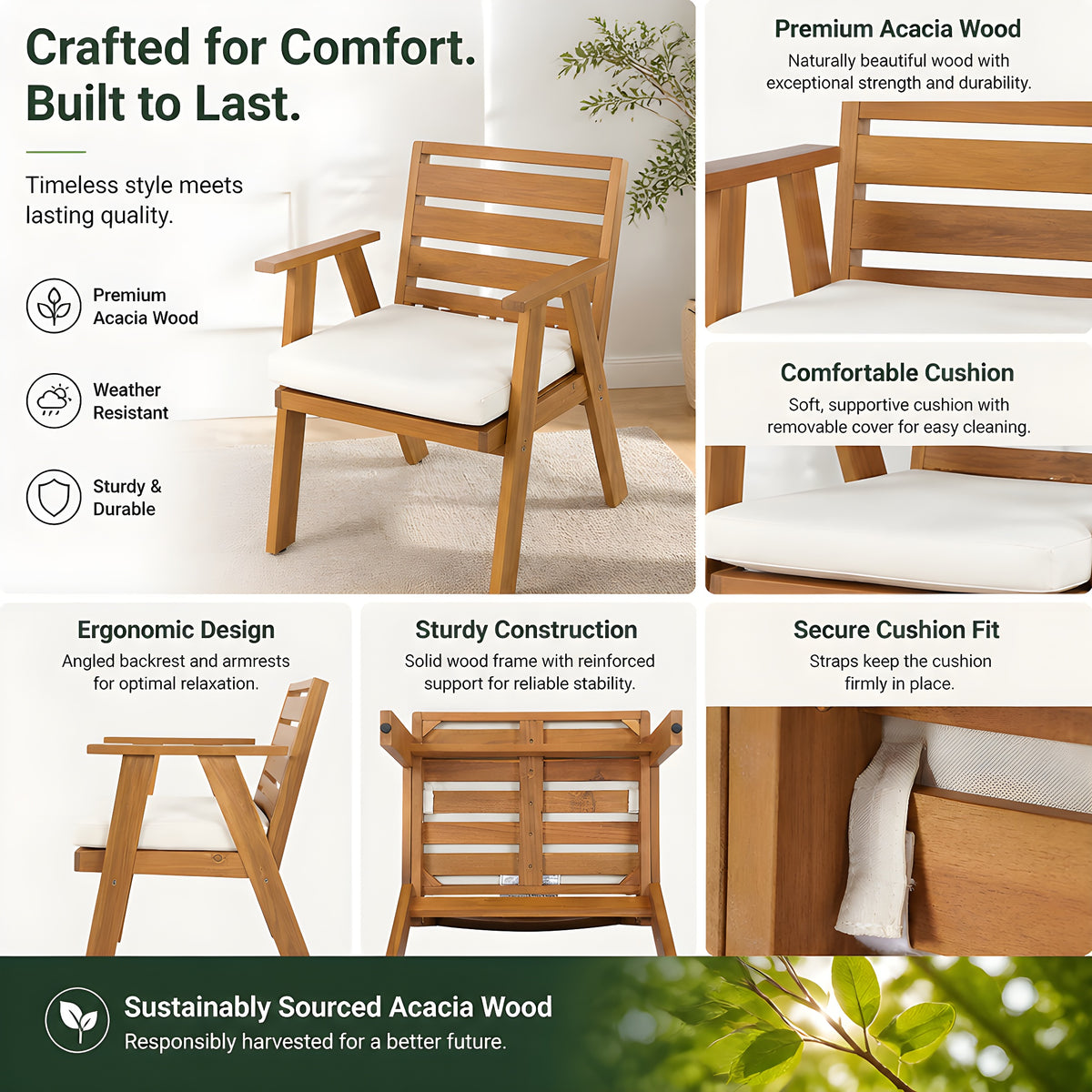 Outdoor Dining Chairs Set of 2, Acacia Wood Patio Chairs
