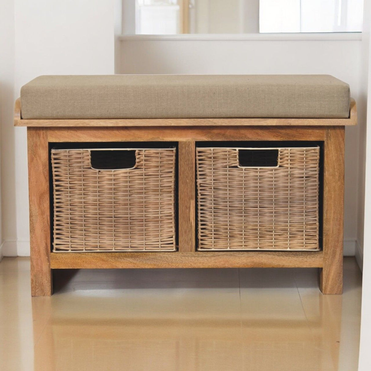 Rattan Basket Linen Bench - Brown