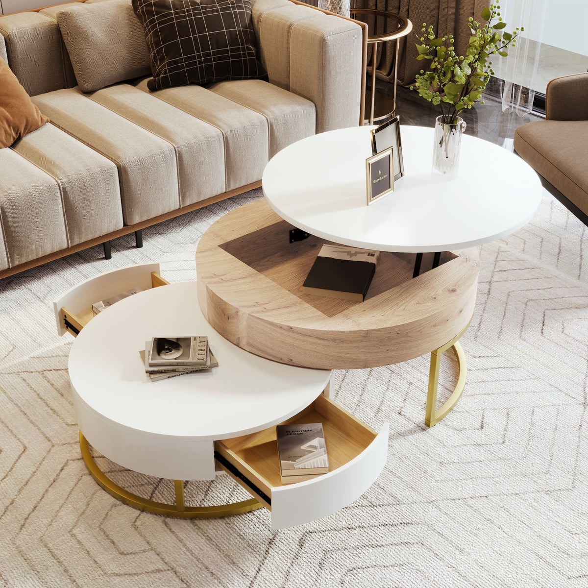Changes Modern Round Nesting Coffee Tables with Lift-Top and 2 Drawers - view 2