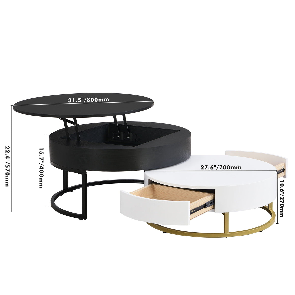 Changes Modern Round Nesting Coffee Tables with Lift-Top and 2 Drawers - view 5