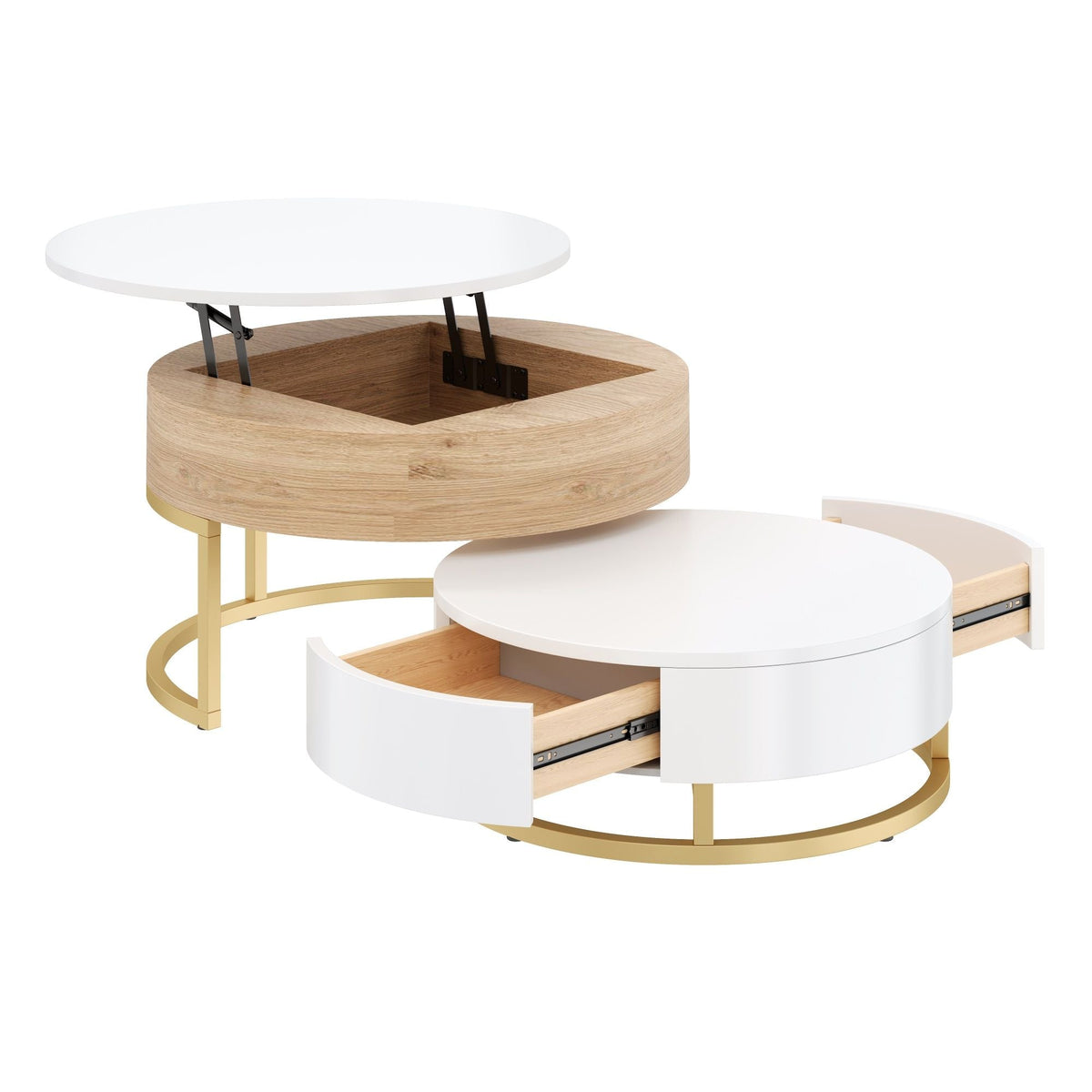 Changes Modern Round Nesting Coffee Tables with Lift-Top and 2 Drawers in White