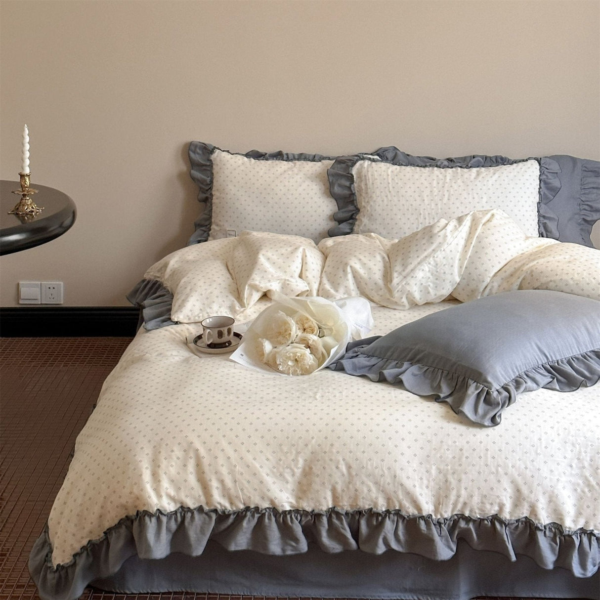 Cottage Inspired Ruffle Bedding Set / Soft Brown