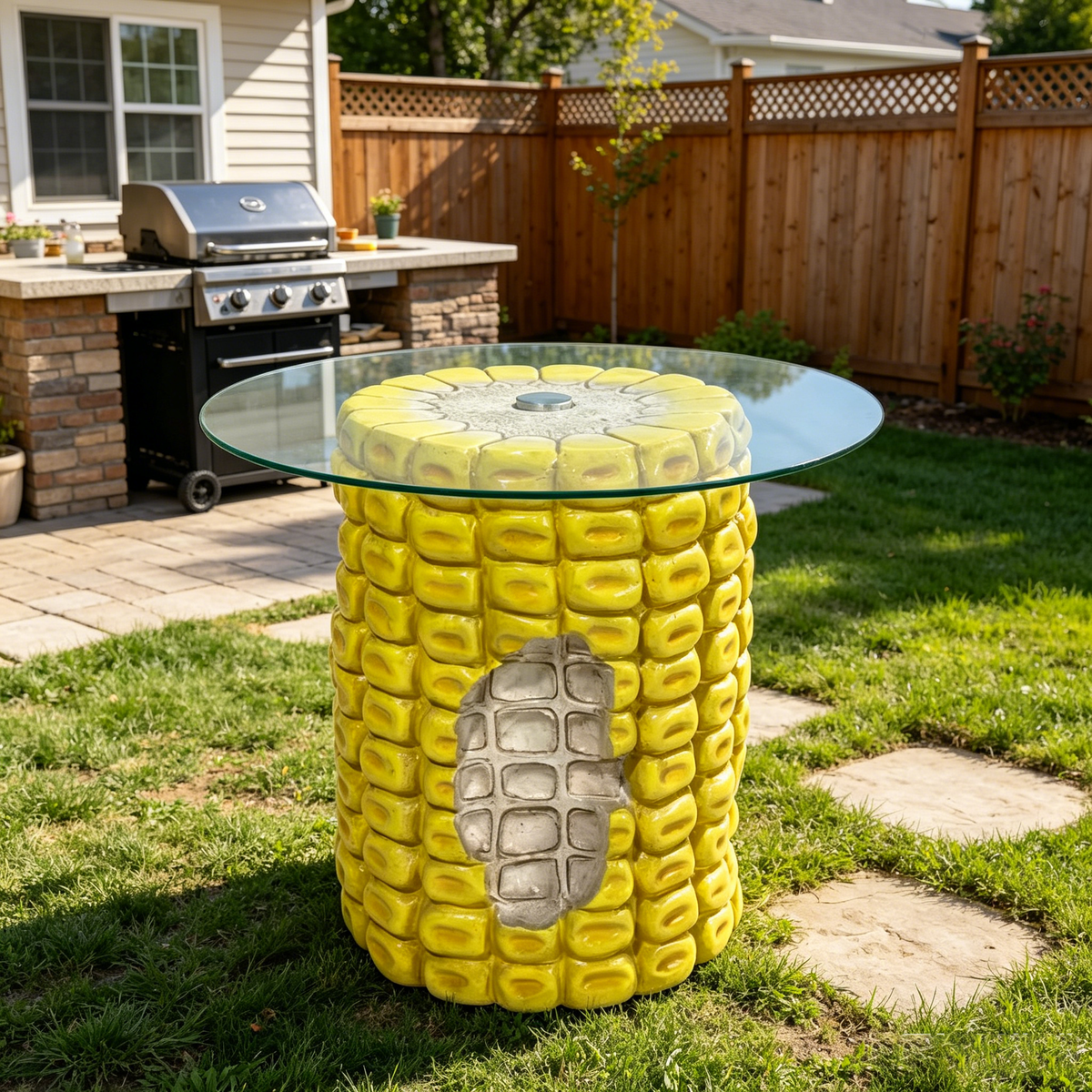 Corn Cob Side Table, 17.32-Inch High with Glass Top, Yellow