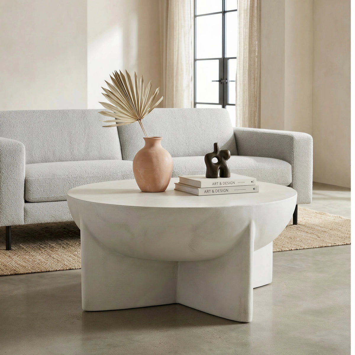 Matte White Round Coffee Table, Magnesium Oxide Sculptural Tripod Base