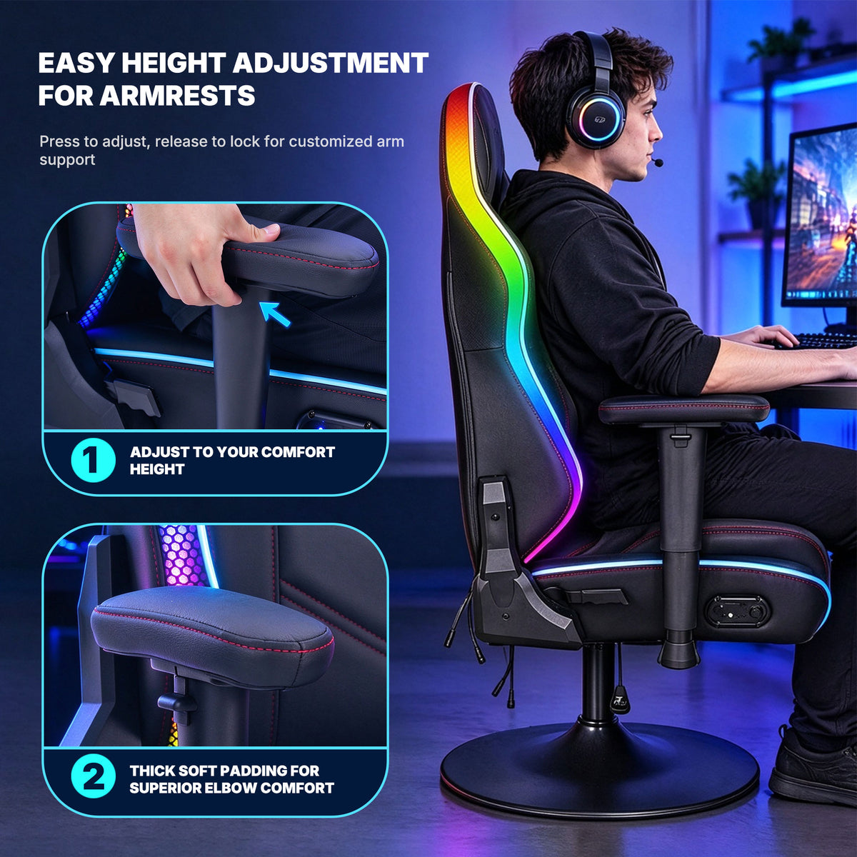 NoxRoc Pedestal Gaming Chair with Built-In Speakers and RGB Lights, Black