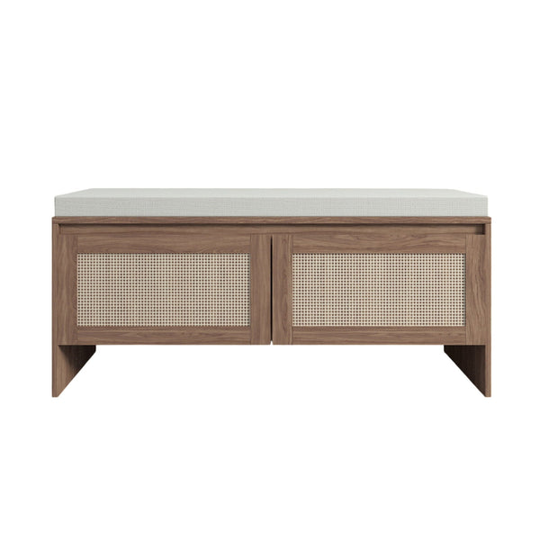 Storage Bench With Cushion, Shoe Cabinet With 2 Doors - Antique Natural / Rattan