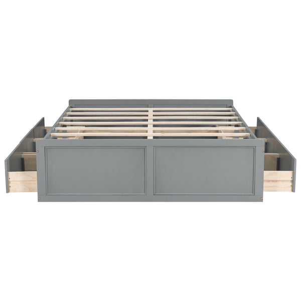 Queen Size Platform Bed Frame With 6 Drawers - Gray