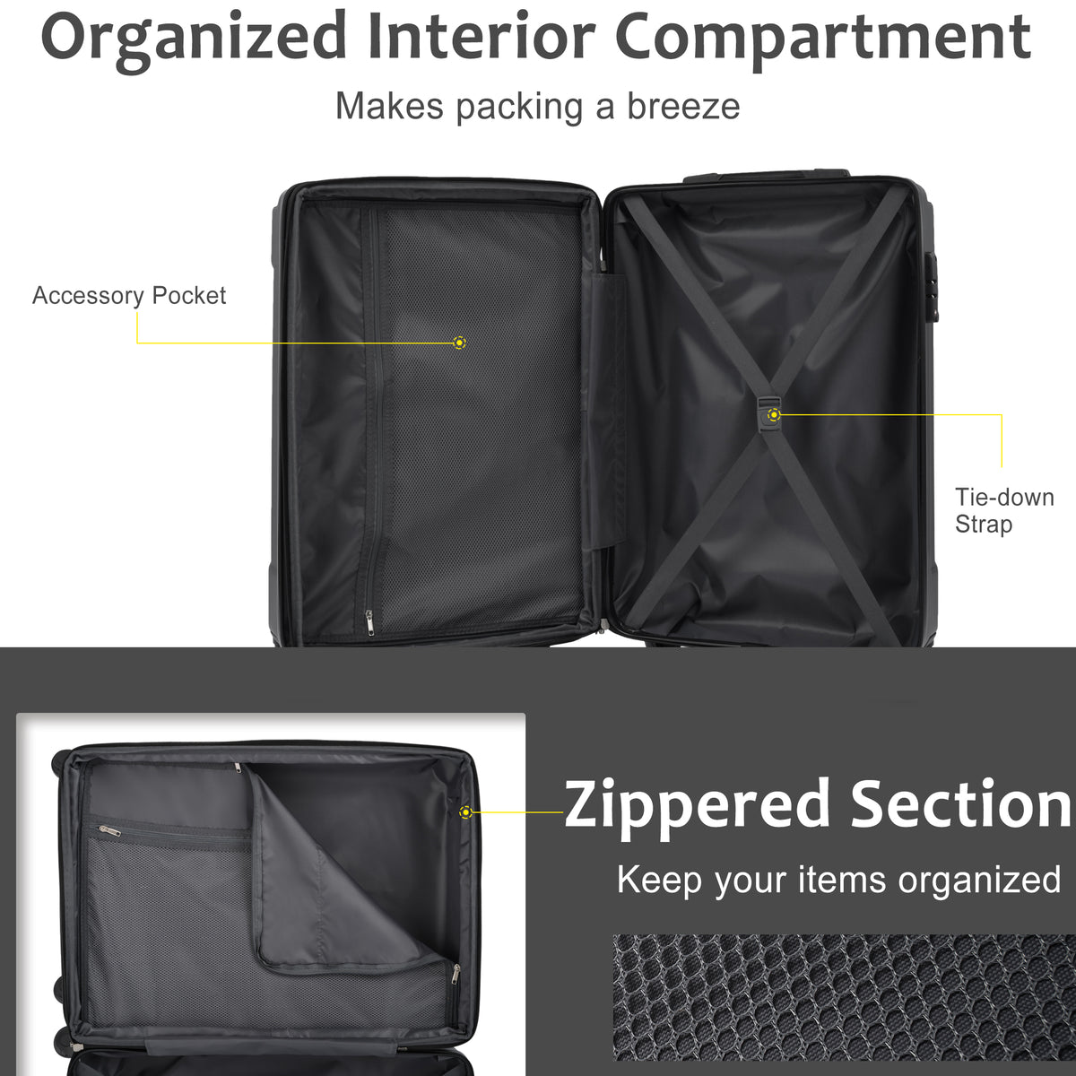 3-Piece Hard Shell Luggage Set, Expandable ABS Suitcases with TSA Lock, Black