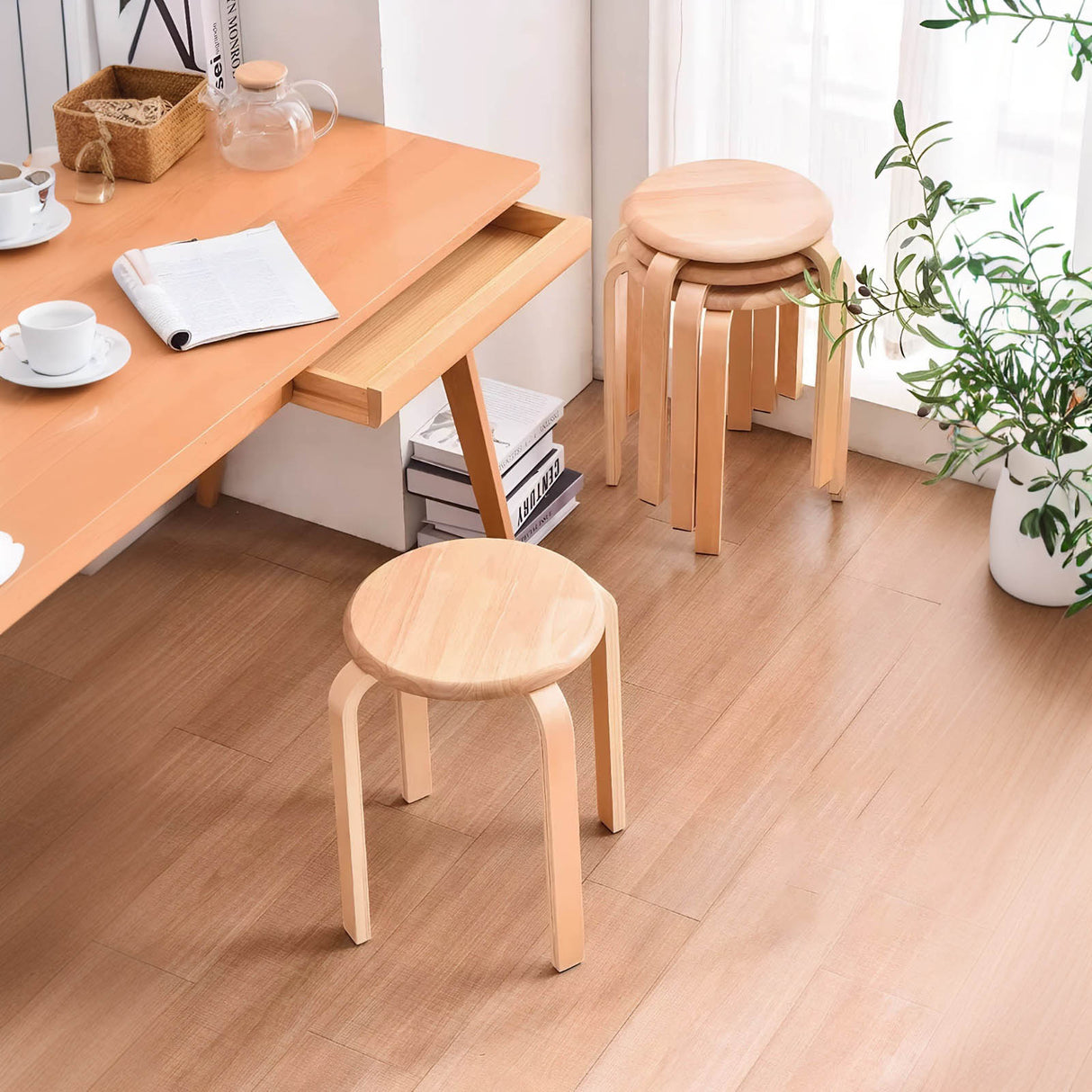 Stackable Bentwood Stool Set of 6, 18" Round Backless Stools