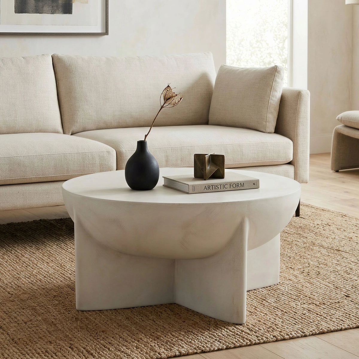 Matte White Round Coffee Table, Magnesium Oxide Sculptural Tripod Base