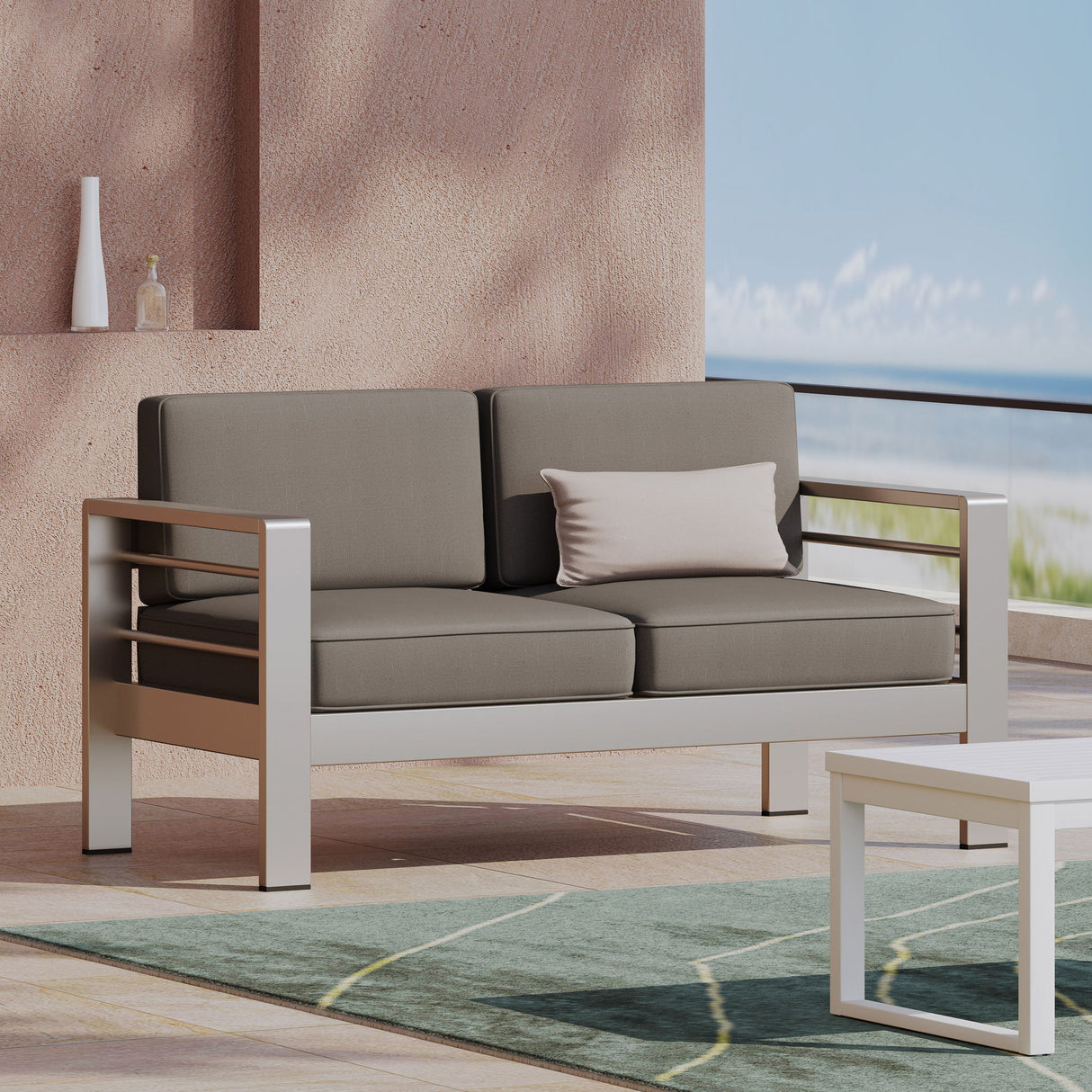 Outdoor Aluminum Loveseat With Cushion - Gray