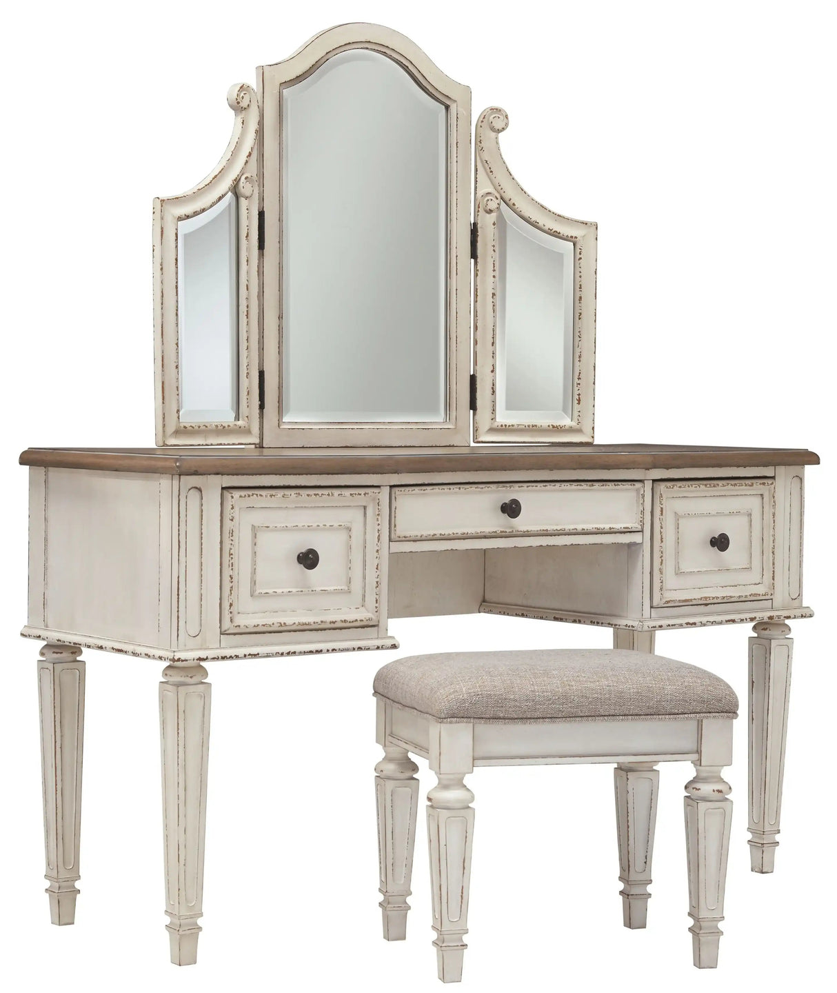 Realyn - Vanity/Mirror/Stool (Set of 3) - White / Brown / Beige - Best Buy Furniture