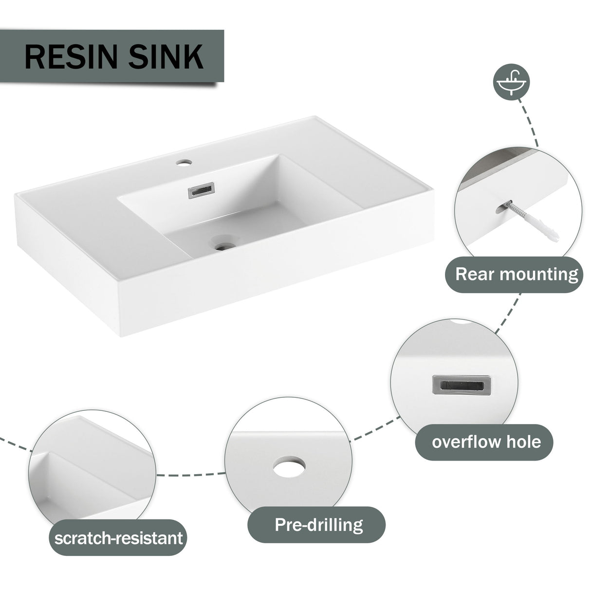 Modern Wall Mounted Bathroom Vanity With Resin Sink And 2 Side Cabinet, Imitative, Construction - Imitative Oak