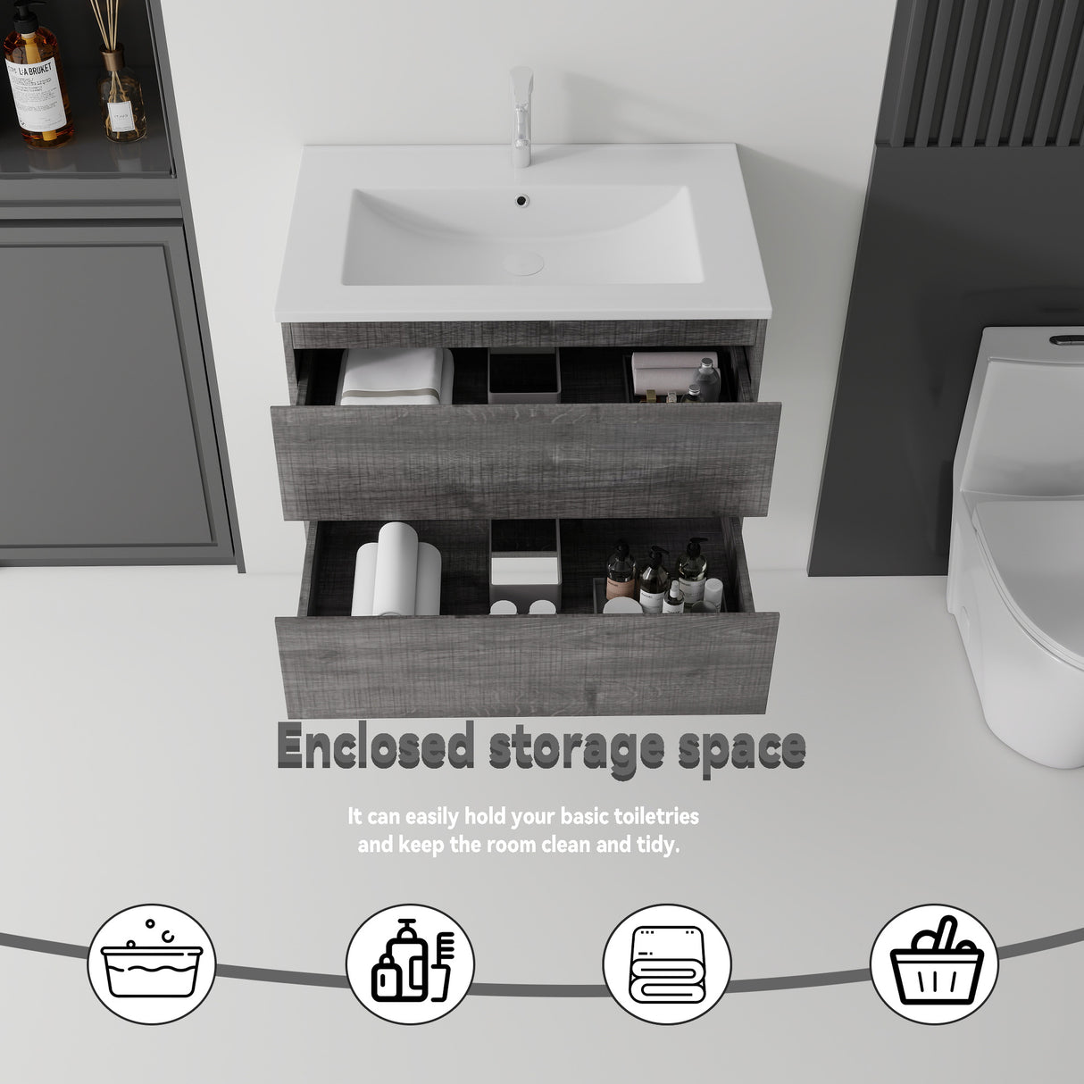 24 Inch Floating Bathroom Vanity with Sink, Soft-Close Drawer, Ceramic Sink, Plywood