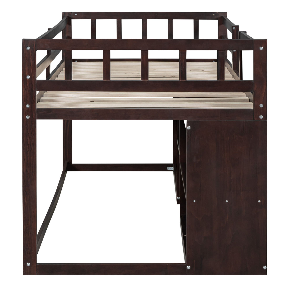 Low Loft Bed With Rolling Desk, Shelf And Drawers
