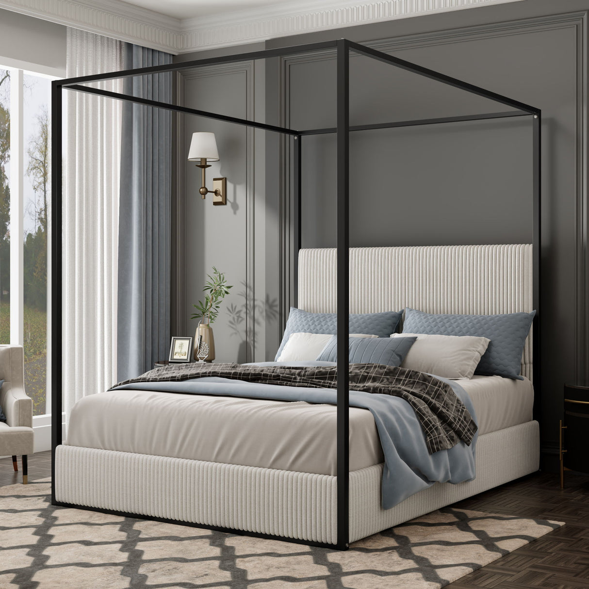 Canopy Bed With Tall Upholstered Headboard And 4 Poster