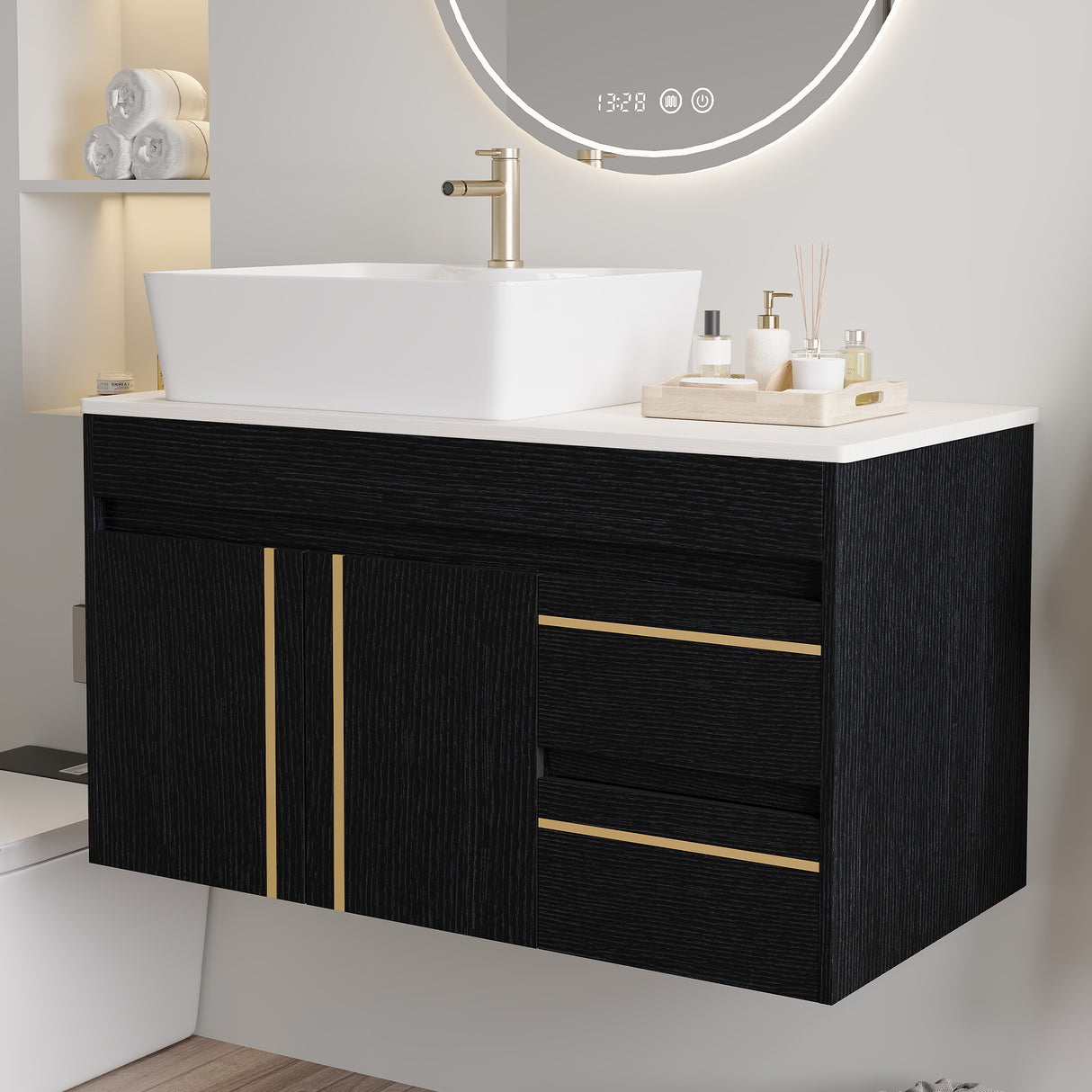 36" Wall-Mounted Bathroom Vanity with Vessel Ceramic Sink & Plywood Countertop