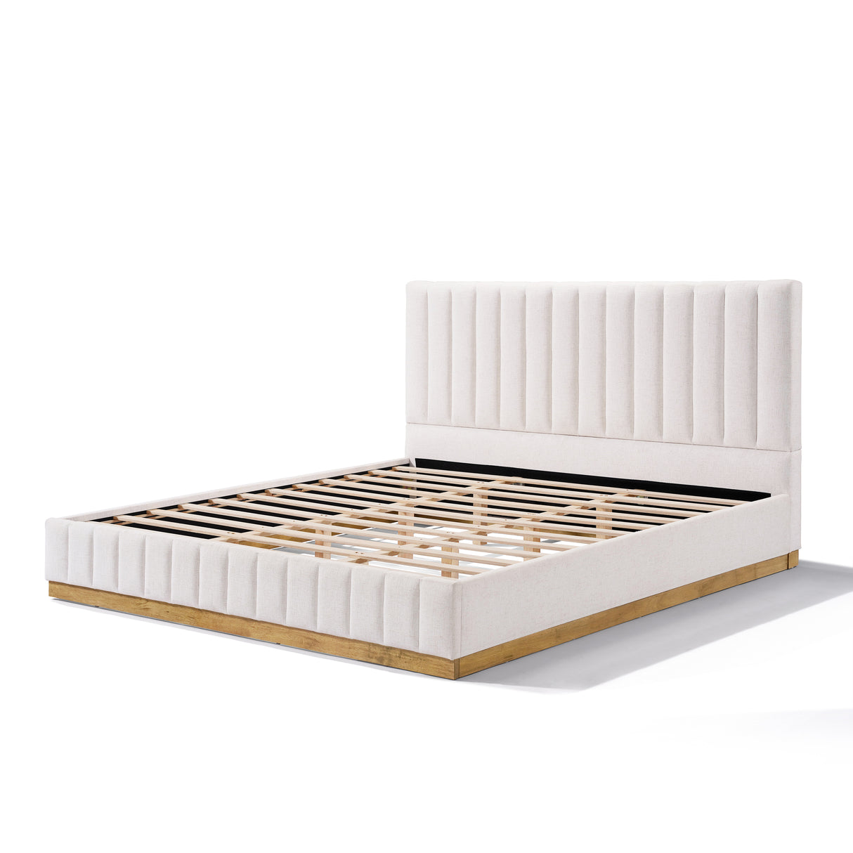 King Size Bed Frame With Linen Upholstery and Solid Wood Base