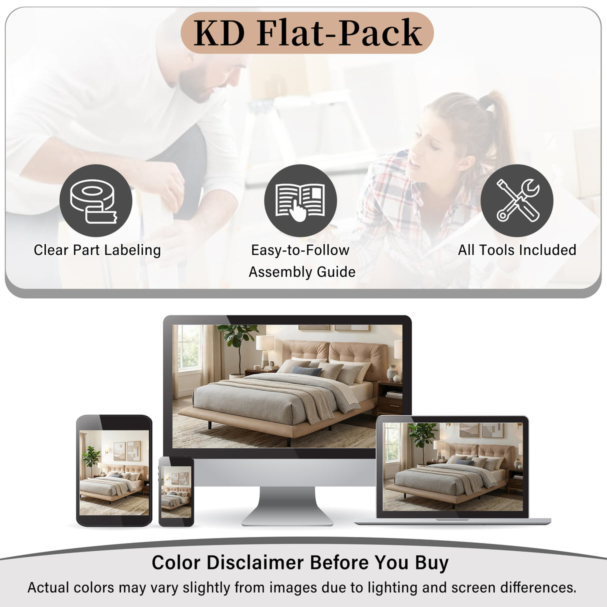 Queen Size Upholstered Floating Bed Frame with LED Lights, Khaki