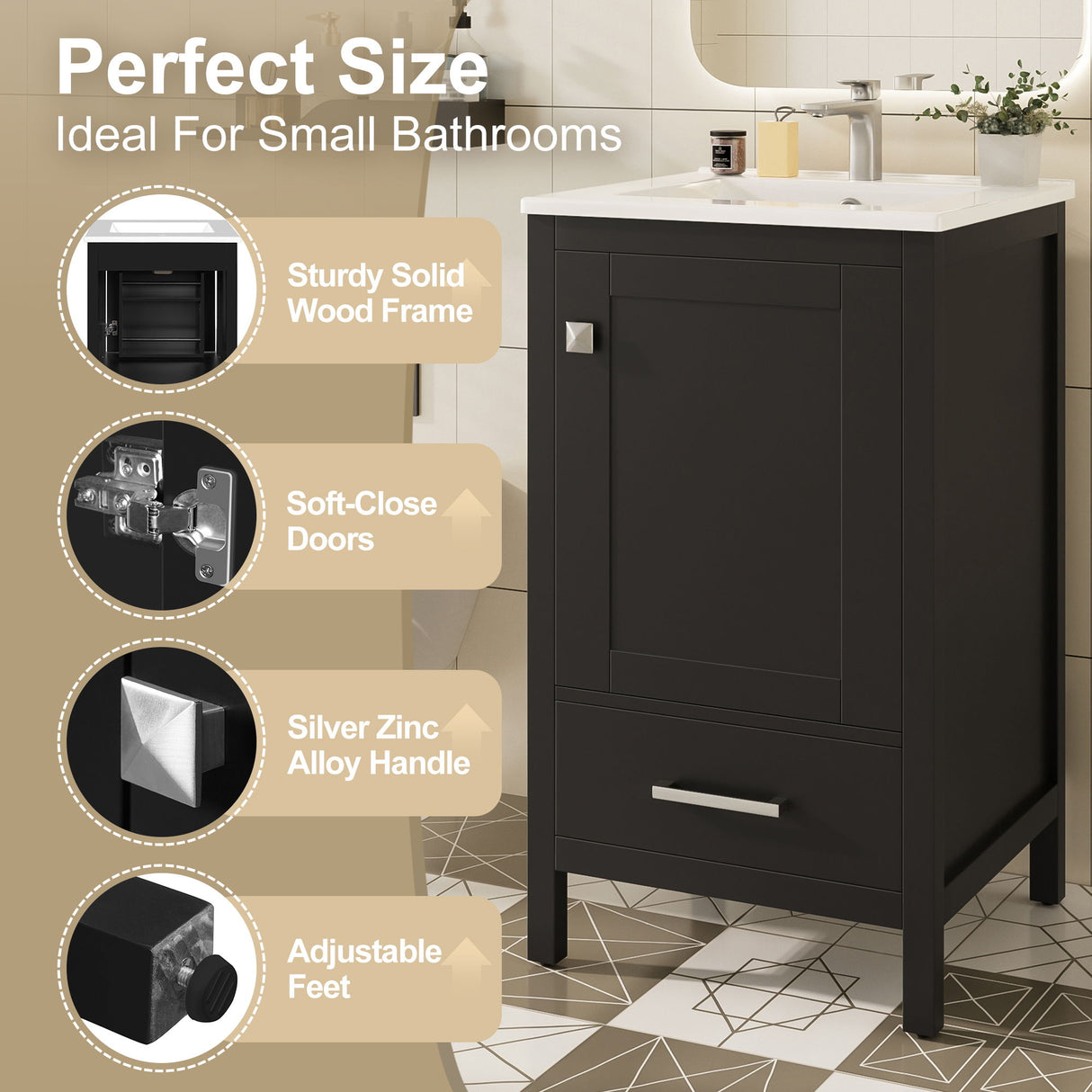 Bathroom Vanity With Ceramic Sink, Soft Close Drawers, Door Organizer, Divider Drawer, Adjustable Foot Pads