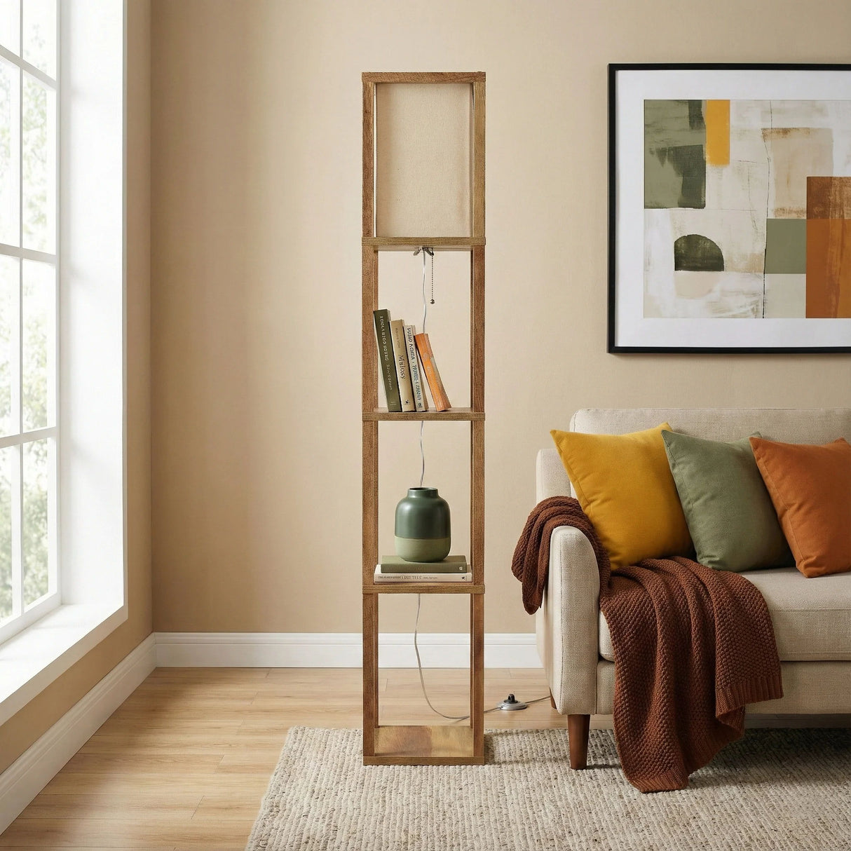 Pinnacle - Shelf Floor Lamp For Bedroom / Living Room, Long Shade - Natural Wood / White