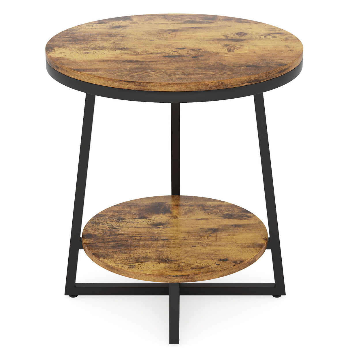 Round End Table With Hairpin Legs, 2 Tier For Living Room - Rustic Brown
