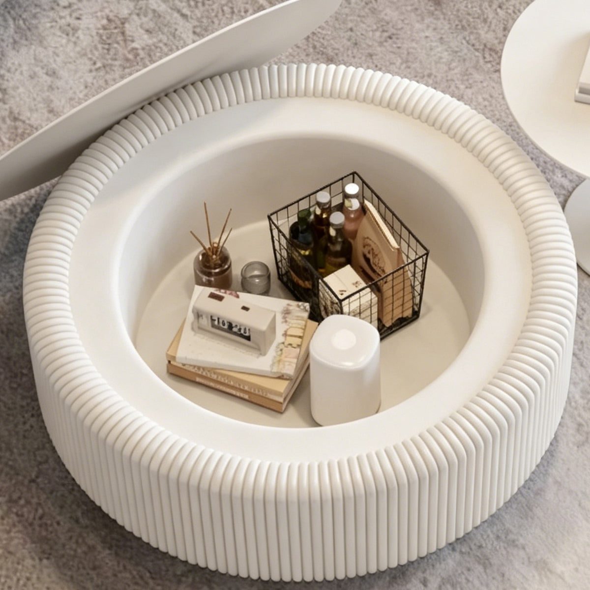 White Round Fluted Coffee Table with Hidden Storage
