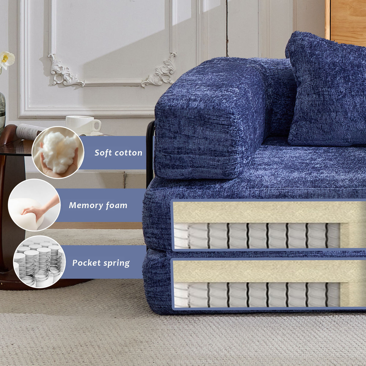Convertible Floor Sofa Bed With Pillow Back Support Armrest