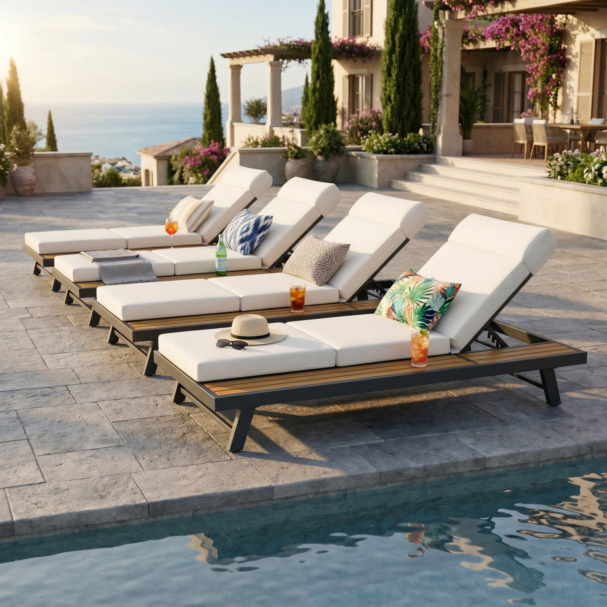 Black Iron and Teak Finish Outdoor Chaise Lounge Set