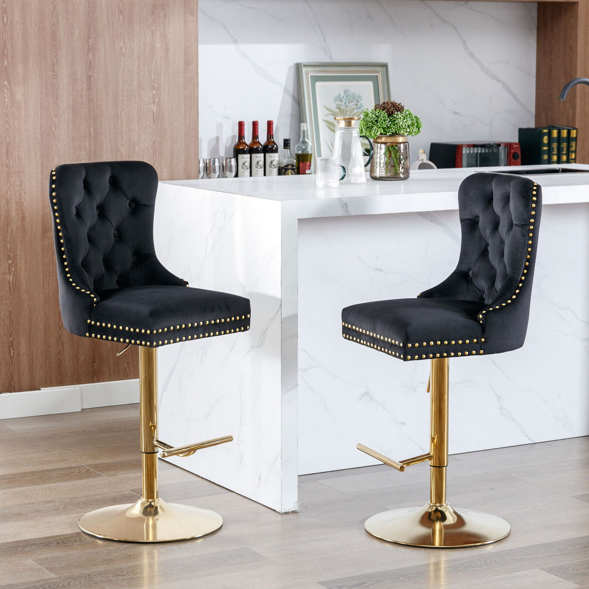 Thick Swivel Barstools Adjusatble Seat Height From 25-33", Modern Upholstered Bar Stools With Backs Comfortable Tufted For Home Pub And Kitchen Island (Set of 2)