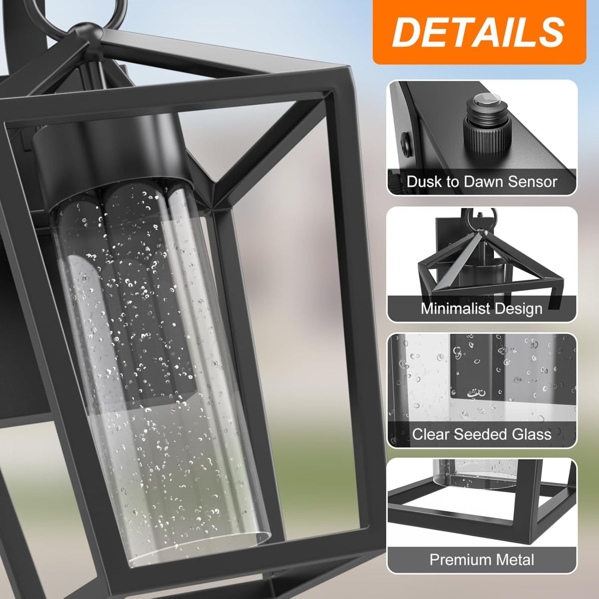 15-Inch Dimmable LED Outdoor Wall Sconce, Black Seeded Glass