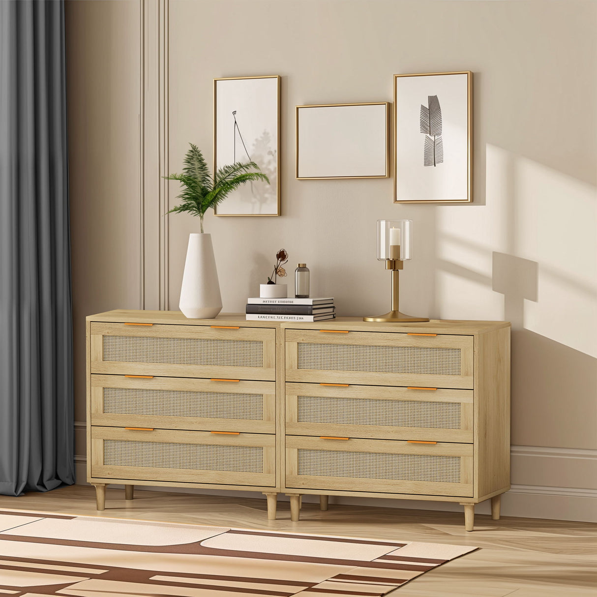 3 Drawers Rattan Storage Cabinet Set of 2 - Oak