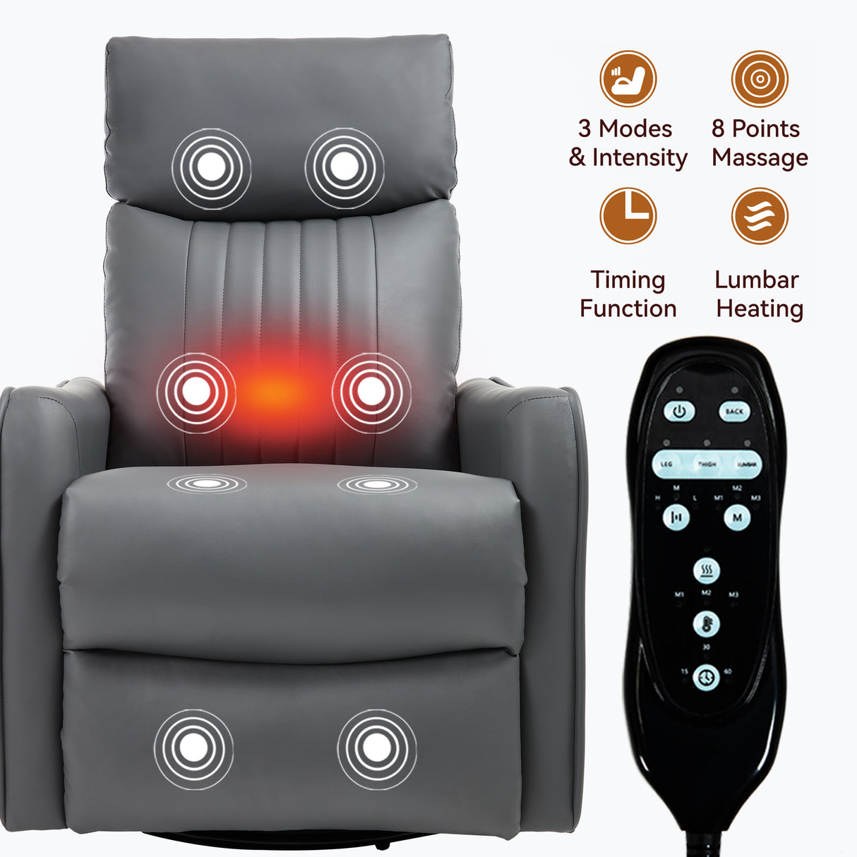 Grey Faux Leather Heat Massage Manual Recliner Chair with Rocker and Swivel