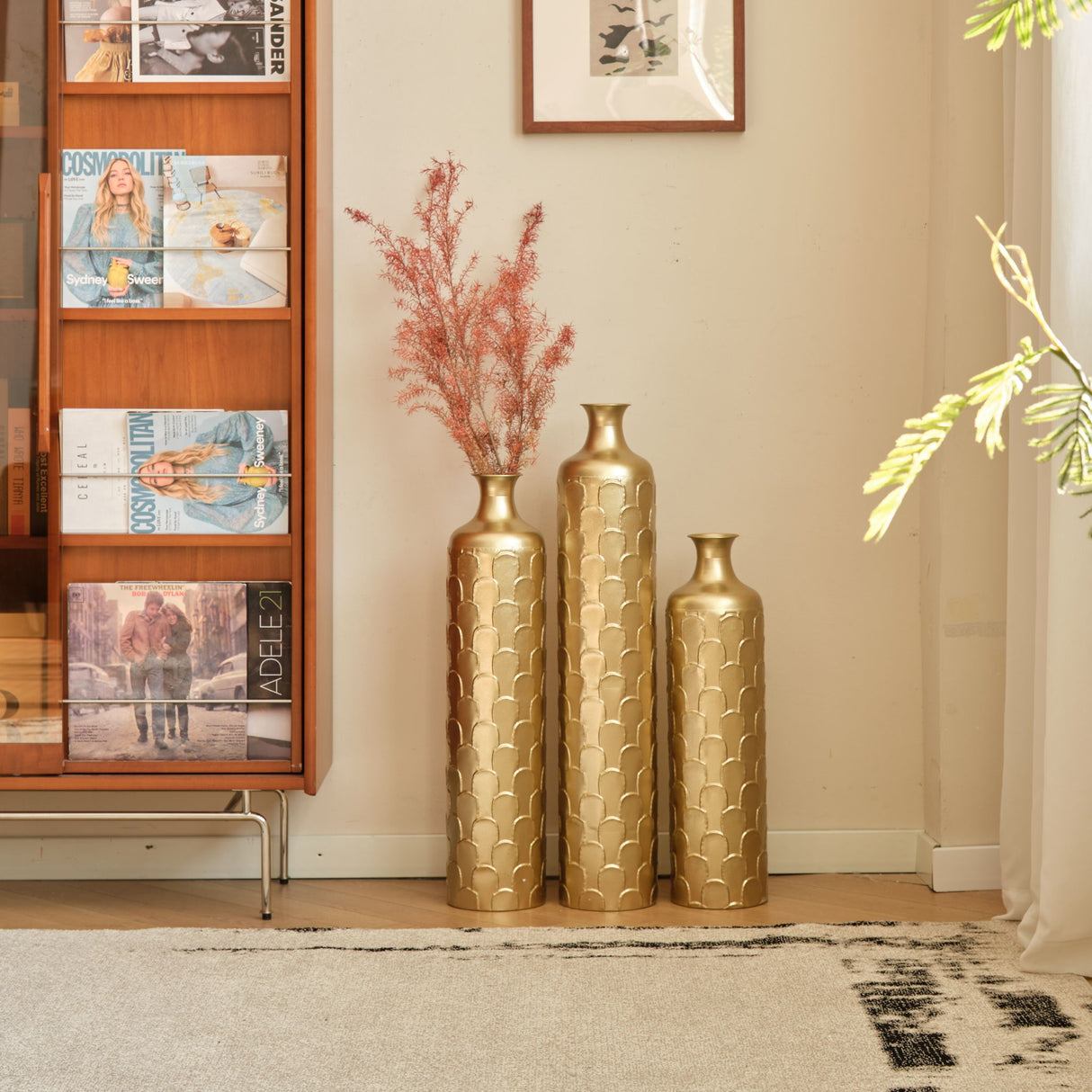 Floor Metal Vases Decorated White Metal Vases (Set of 3) Gorgeous Home Decoration Large Glazed Metal Vases - Golden