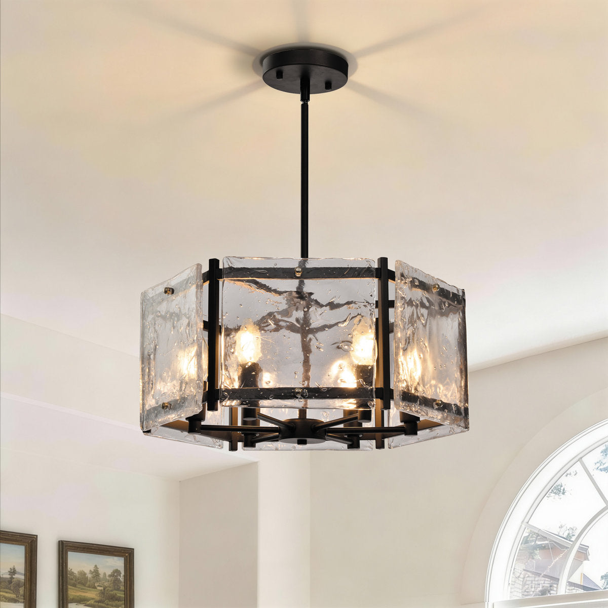 19.7-Inch 6-Light Dimmable Drum Chandelier, Black Glass and Metal