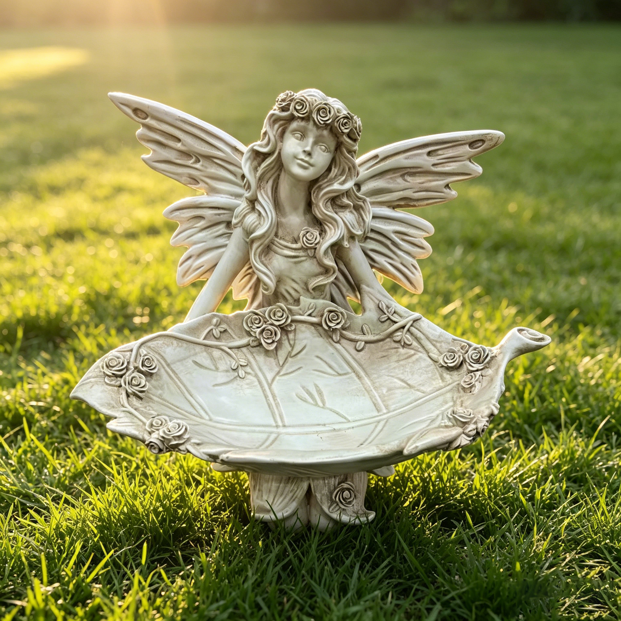 12.80" High Garden Fairy Figurine, 14.37" Wide Resin Angel Statue with Leaf Tray, Multi-Functional Bird Feeder & Decorative Tray for Outdoor & Indoor Use