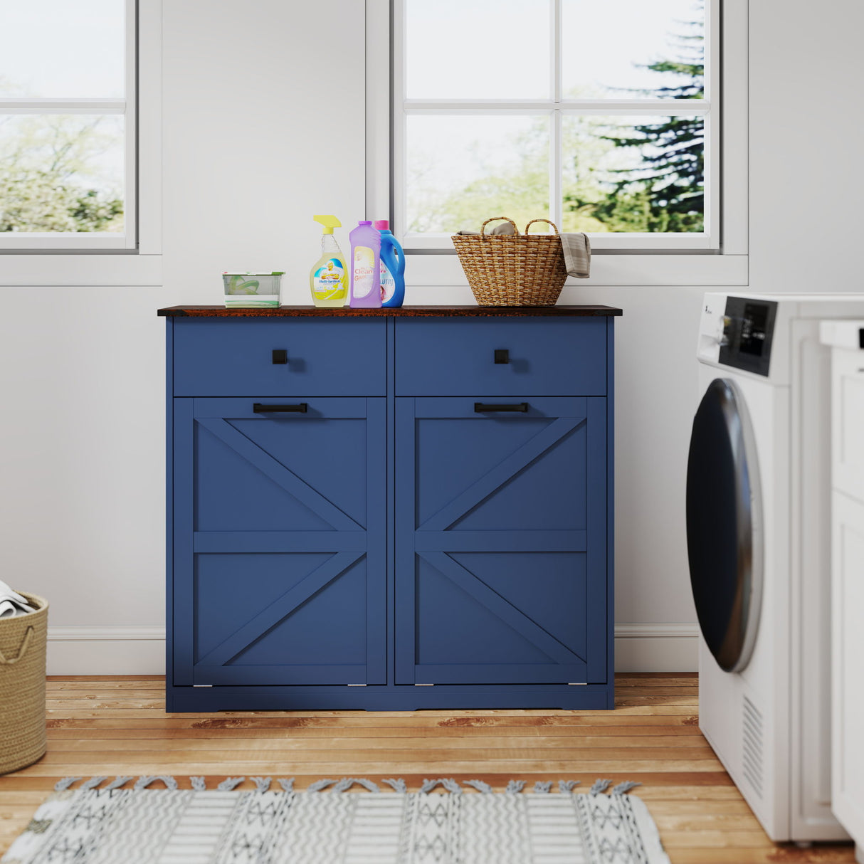 Double Tilt Out Trash Cabinet With Hideaway Drawer And Barn Door Style
