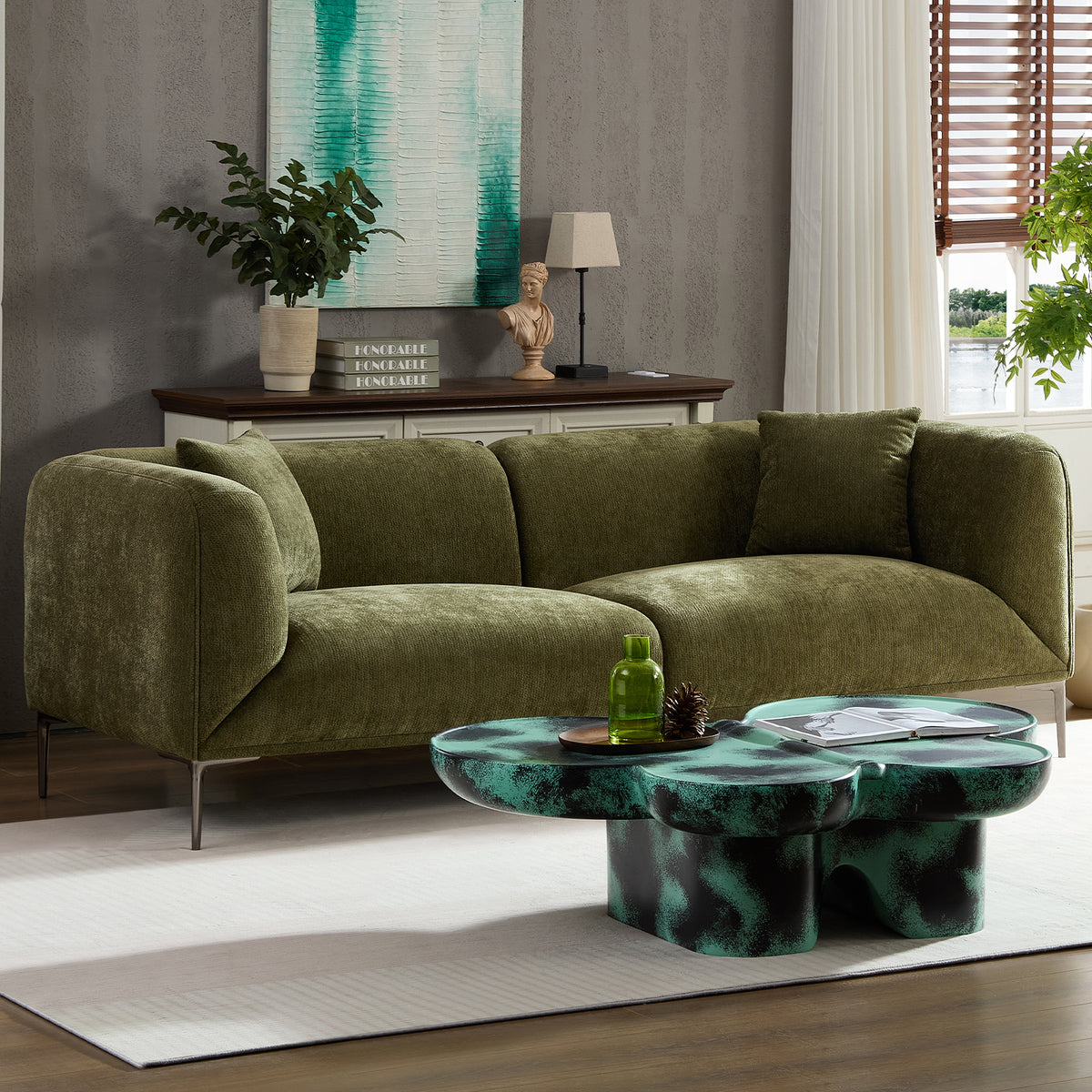 Modern 3-Seat Sofa, 82-Inch, Green Boucle Fabric