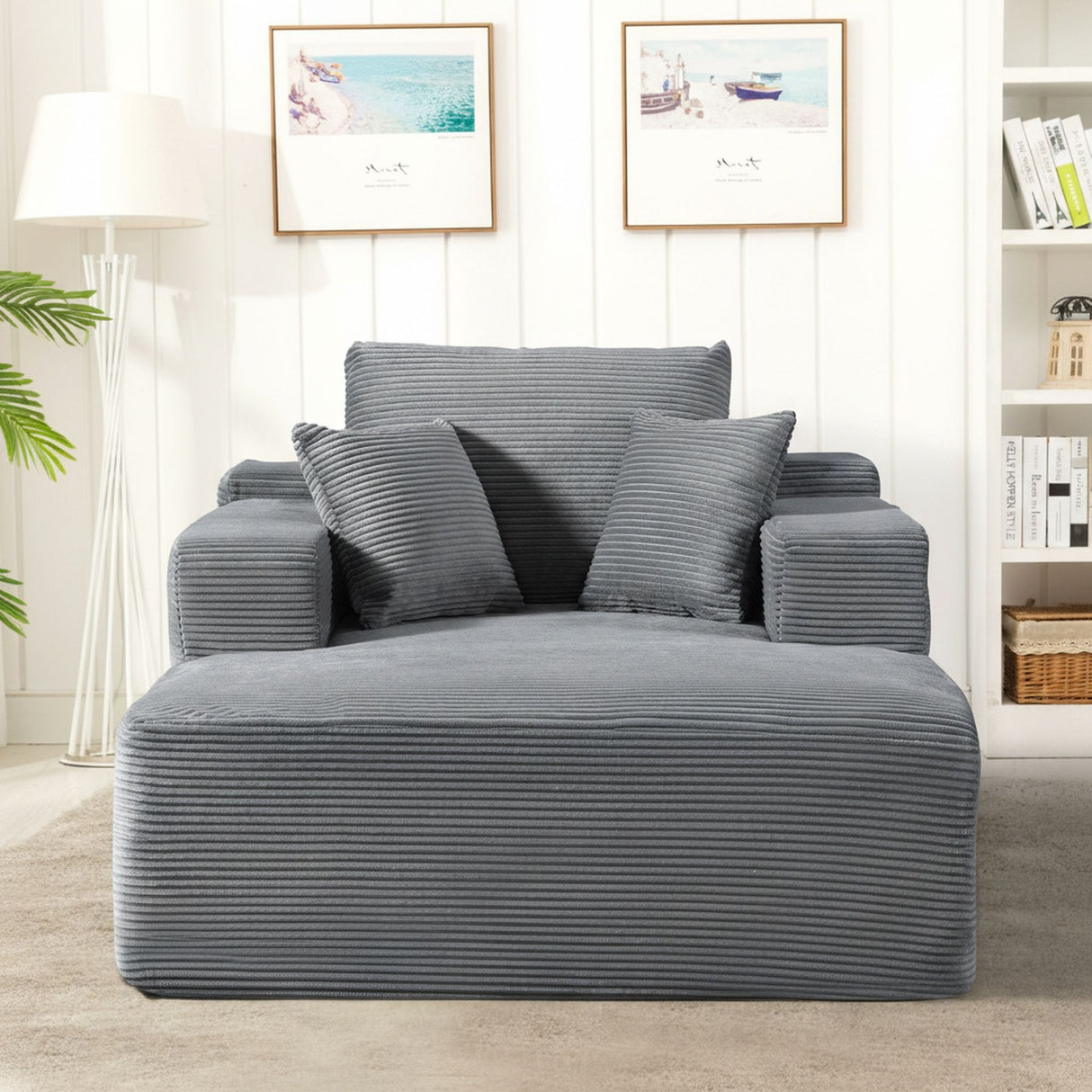 Convertible Chaise Lounge Chair With Wide Armrest & Throw Pillows