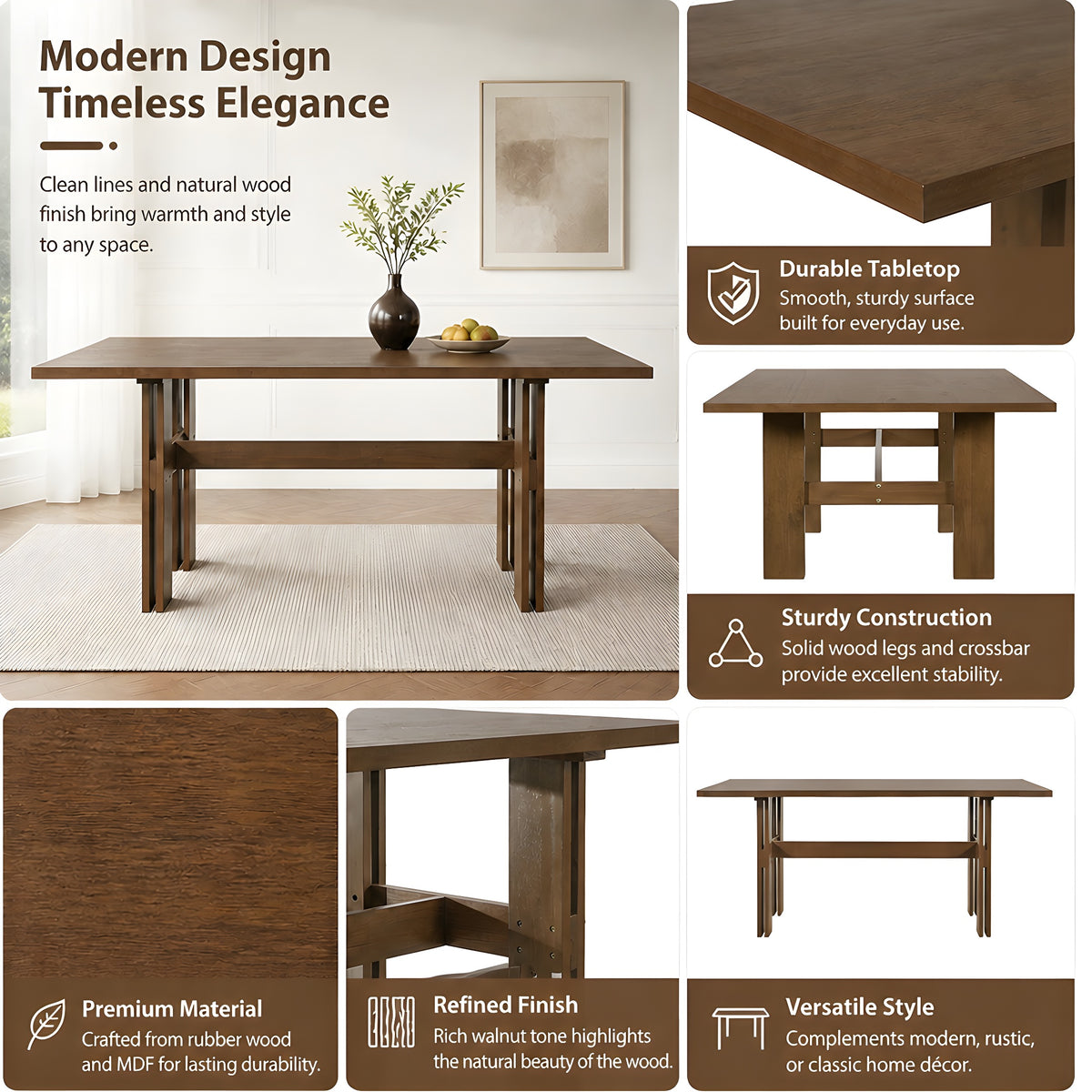 7-Piece Mid-Century Dining Set, 71" Rectangular Rubber Wood Dining Table