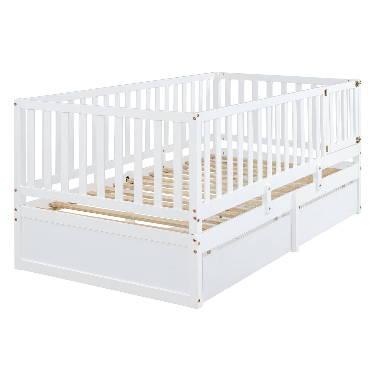 Daybed With Fence Guardrails And 2 Drawers, Split Into Independent Floor Bed & Daybed